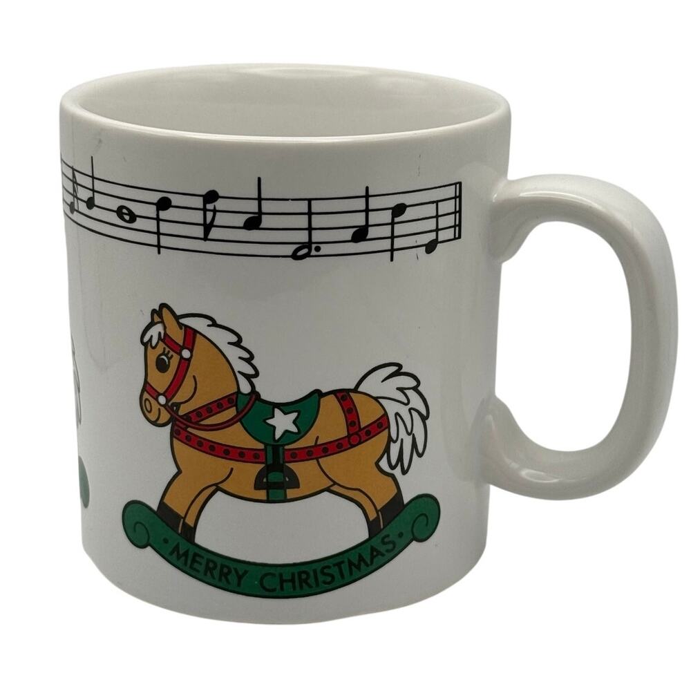 Vintage 80s Telco Merry Christmas Rocking Horse Coffee Mug Musical Notes